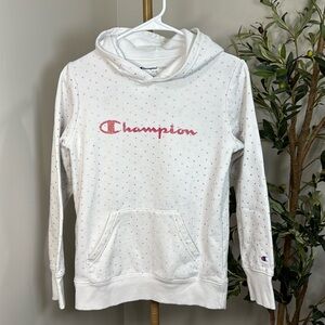 Champion hooded sweater white with pastel color dots glittery champion logo pink